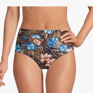 Lands'‎ End Navy Swim Bottoms w/ Brown Blue and Orange Floral/Tropical Design 10